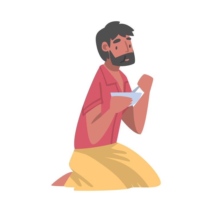 Vetor caracter de homem barbudo indiano sentado no chão com uma tigela tendo uma ilustração vetorial de refeição