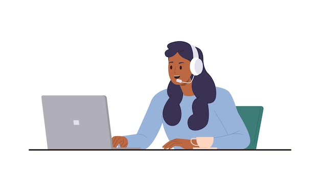 Caracter de vendedora operadora de call center trabalhando em laptop na mesa isolada em fundo branco Ilustração vetorial de trabalhadora de suporte de TI cliente ou serviço de linha direta telefônica