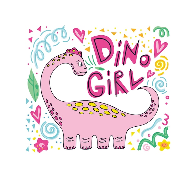 Vetor caracter de vetor desenhado à mão de cor de dinossauro bonito letras de menina dinossauro clipart desenhado a mão plano