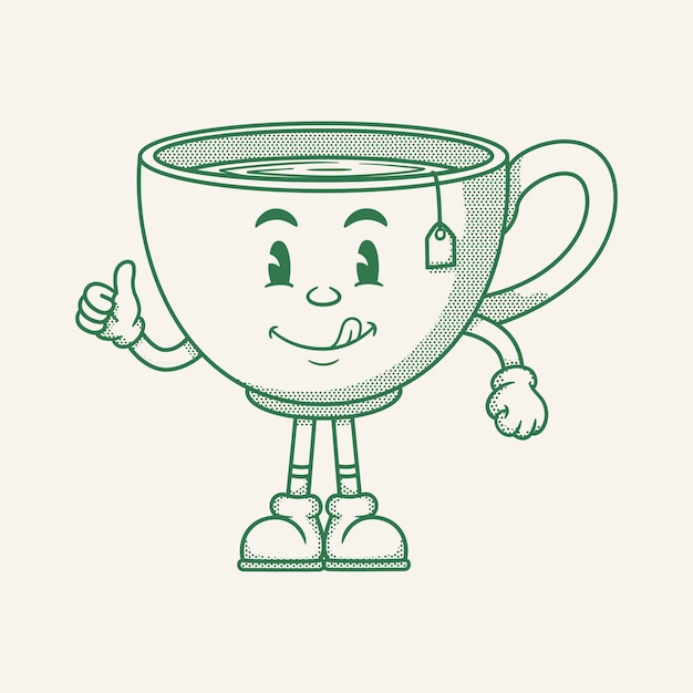 Caracter de xícara de chá personagem de desenho animado retro personagem mascote