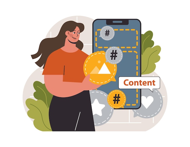 Caracter Hashtag usando dispositivo digital para enviar postagens e compartilhá-las em mídias sociais globais