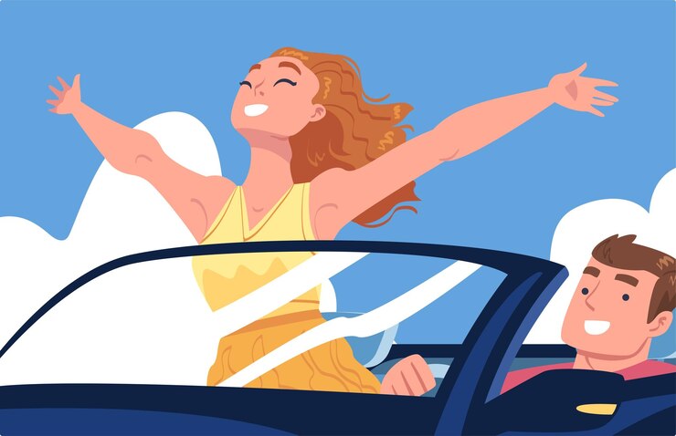 Vetor caracter masculino dirigindo um carro sentado no assento do motorista com a mulher como passageira dentro do veículo ilustração vetorial