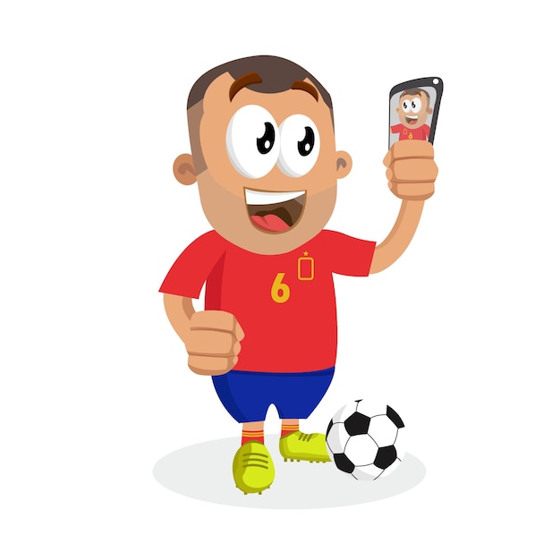Caracter Men Football Logo vermelho mascote com pose de selfie