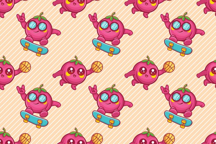 Vetor caractere de fruta de pêssego bonito padrão sem costura ilustração fundo