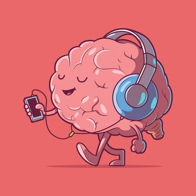 Vetor caracteres cerebrais usando fones de ouvido ilustração vetorial conceito de design de imaginação musical