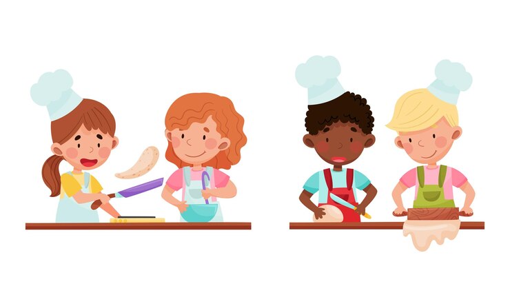 Vetor caracteres de chefs de crianças bonitos adoráveis crianças engraçadas assando panquecas e biscoitos na cozinha ilustração vetorial de desenhos animados