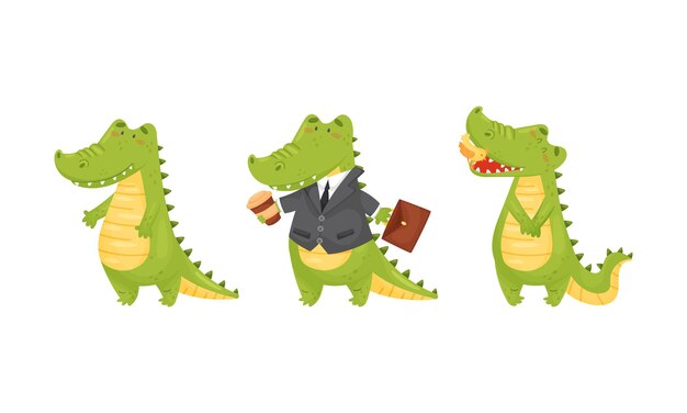 Caracteres de crocodilo ou jacaré verde com a boca aberta e caminhando com um conjunto de vetores de maleta