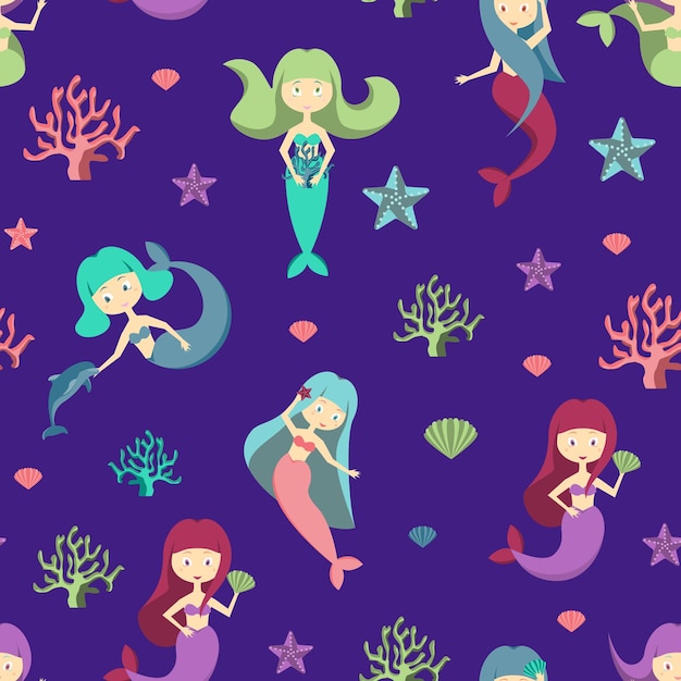 Caracteres de desenho animado de cor Sereias Meninas Padrão sem costura Vector de fundo
