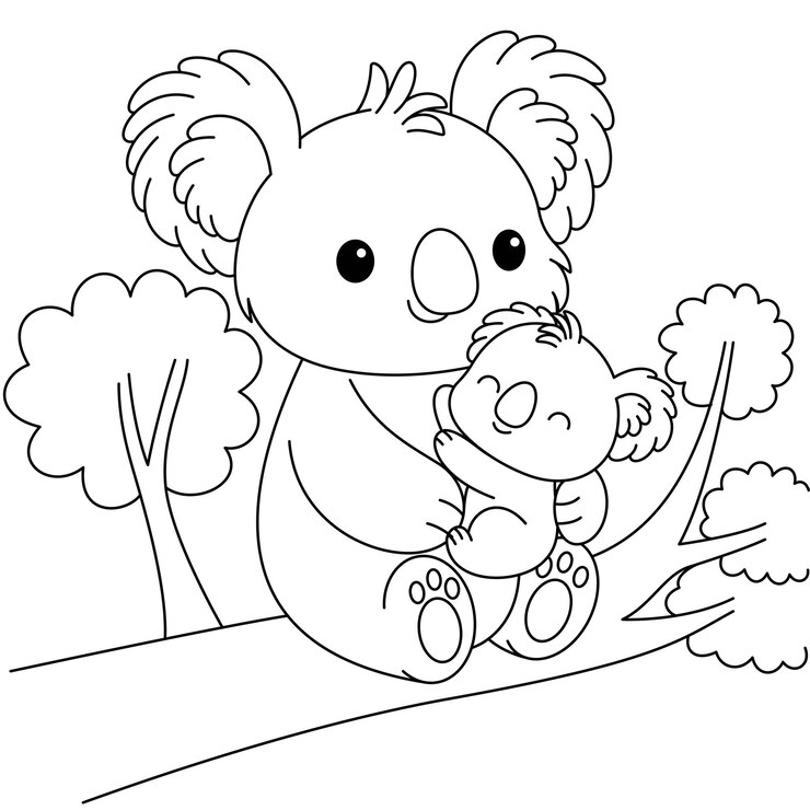 Vetor caracteres de desenho animado kawaii bonitos koala mãe e bebê na árvore página de coloração dia das mães