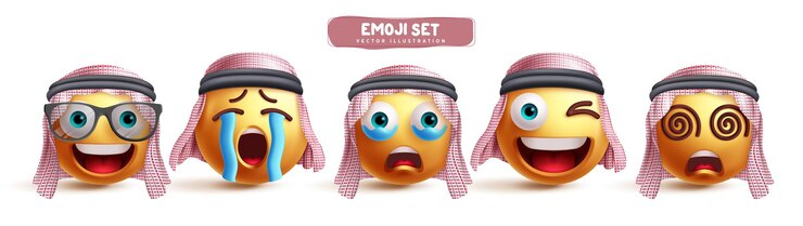 Vetor caracteres de emoji sauditas conjunto vetorial de emoji muçulmanos árabes clip art personagem em feliz chorando triste