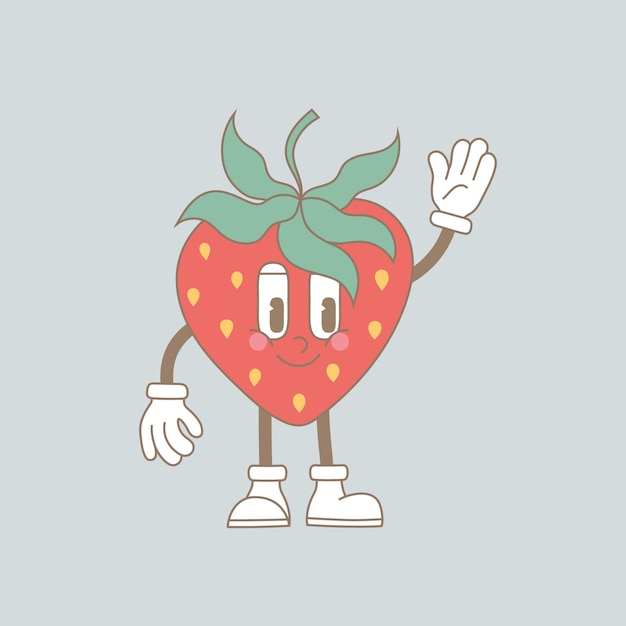 Vetor caracteres de frutas de desenho animado retrô modernos mascote cômico de morango