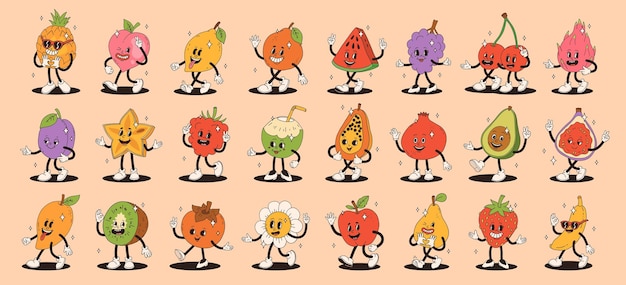 Vetor caracteres de frutas retro groovy grande coleção de mascotes felizes funky com rosto sorridente feliz