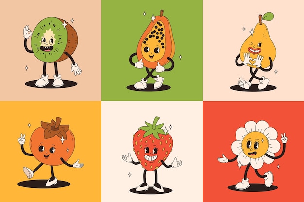 Vetor caracteres de frutas retro groovy grande coleção de mascotes felizes funky com rosto sorridente feliz