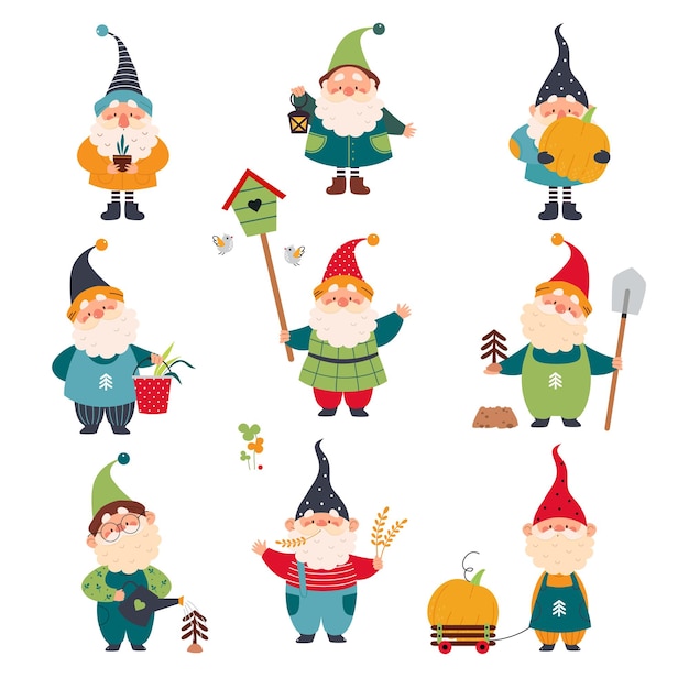 Caracteres de gnomos bonitos com barba em chapéu pontiagudo como pequenos vetores de criaturas mitológicas
