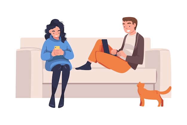 Caracteres de homem e mulher com dispositivo digital sentados no sofá sofrendo de vício na Internet Ilustração vetorial