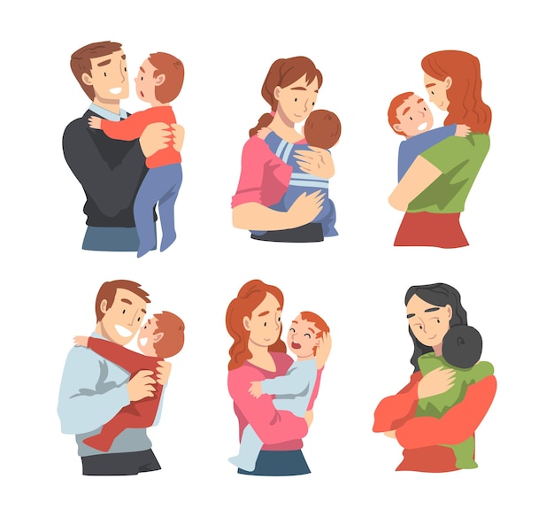 Caracteres de homem e mulher segurando o bebê com os braços amamentando-o conjunto de vetores