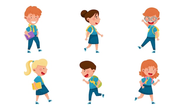 Caracteres de meninos e meninas vestindo uniforme escolar e mochila caminhando e correndo para a escola Conjunto de ilustrações vetoriais