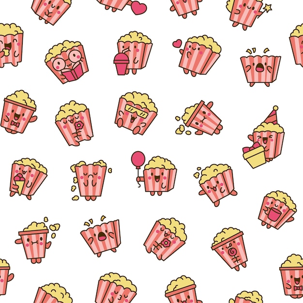 Caracteres de pipocas kawaii bonitos padrão sem costura