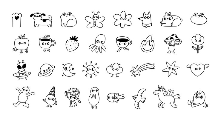 Vetor caracteres fofos dos anos 70, esboços groovy, ícones de linha hippie, tatuagens abstratas, cães, flores, copos de café, unicórnios para redes sociais, conjunto vetorial.