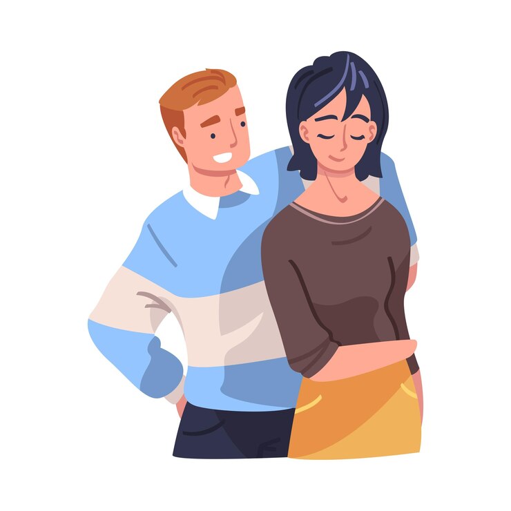 Vetor caracteres masculino e feminino abraçando e abraçando um ao outro expressando sentimentos amigáveis ilustração vetorial