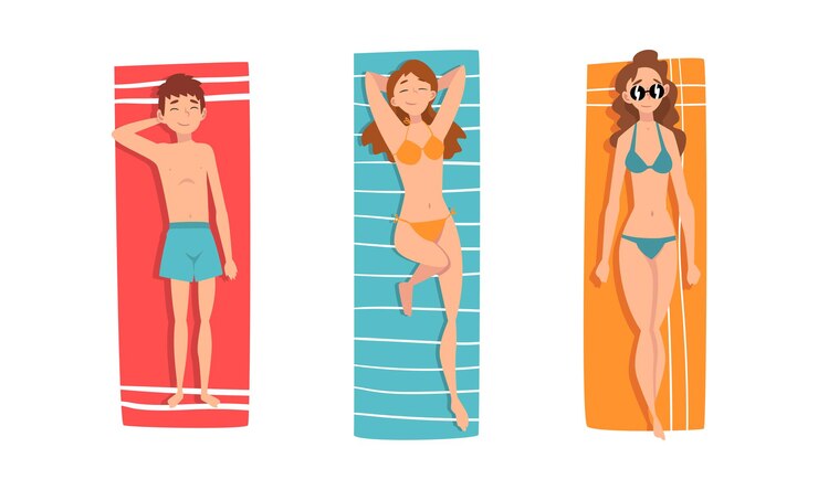 Vetor caracteres masculino e feminino tomando banho de sol deitados em um cobertor na praia ou na costa do mar desfrutando do set vetorial de verão quente