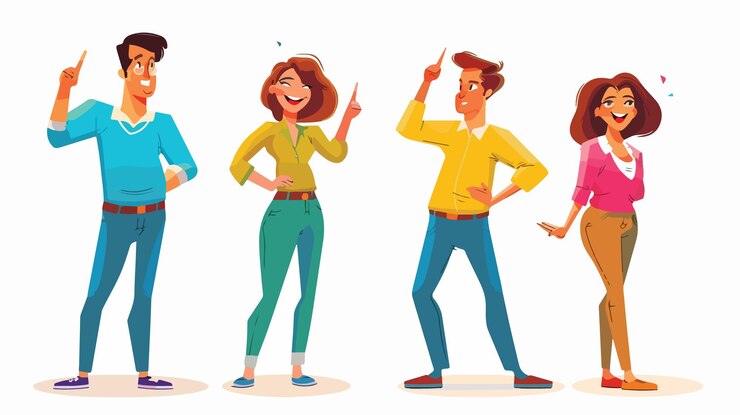Vetor caracteres masculinos e femininos entusiastas apontando para o sucesso do trabalho em equipe do grupo