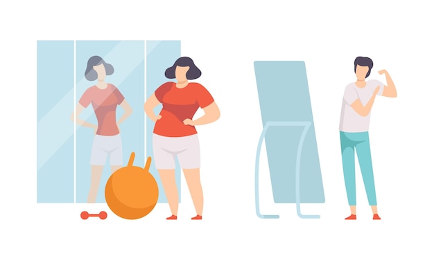 Caracteres narcisistas homem e mulher olhando-se no espelho e admirando-se Vector Set