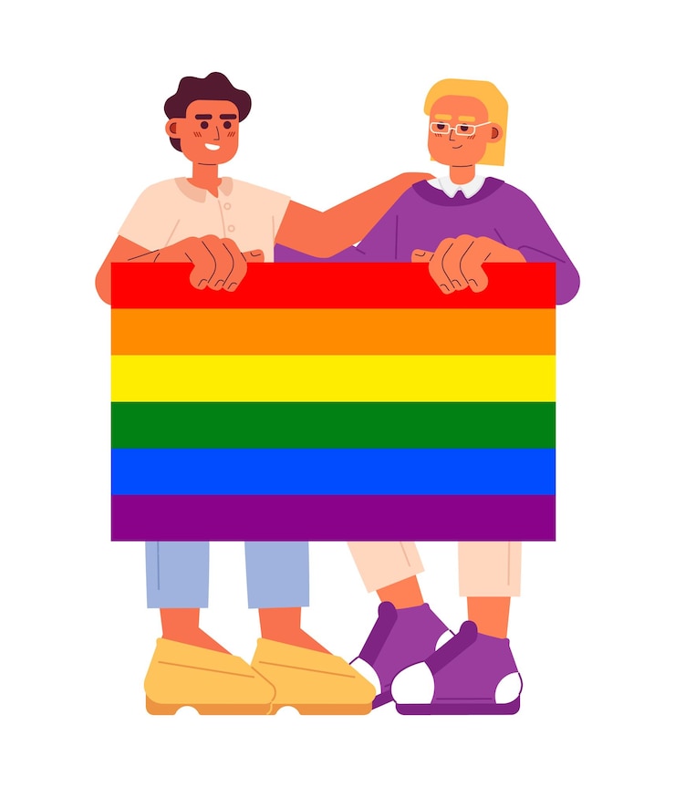 Vetor caracteres vetoriais de cor semi-plata da comunidade lgbt apoio para todos os gêneros editável corpo completo de pessoas segurando bandeira de orgulho arco-íris lgbtq em branco ilustração de spot de desenho animado simples para design gráfico da web