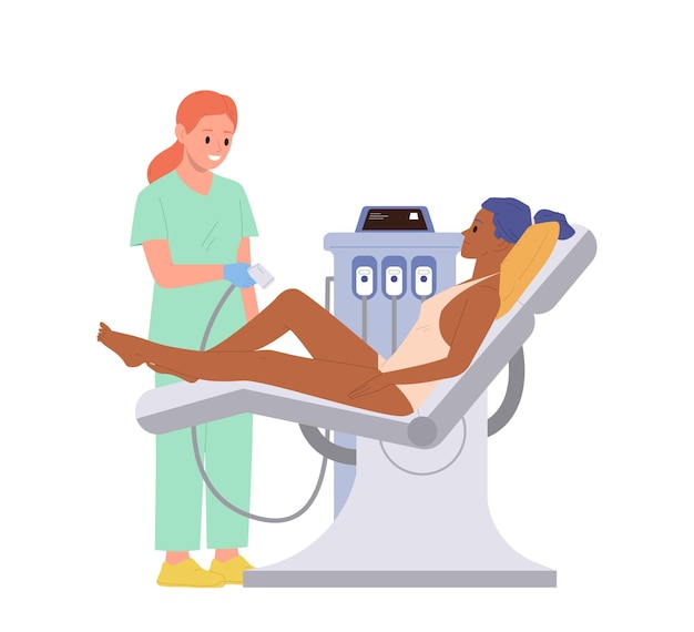 Característica de desenho animado de cliente feminina relaxada visitando o escritório de cosmetologista no salão de spa para depilação