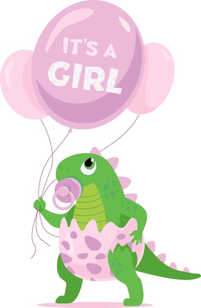Vetor característica de dinossauro de menina bonita segurando balões cor-de-rosa para o baby shower
