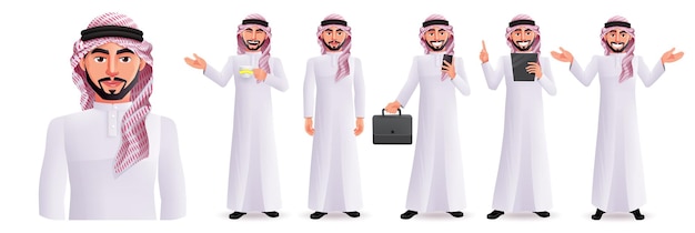 Característica de vetor de homem árabe cenografia. Coleção gráfica masculina da Arábia Saudita em feliz e sério.