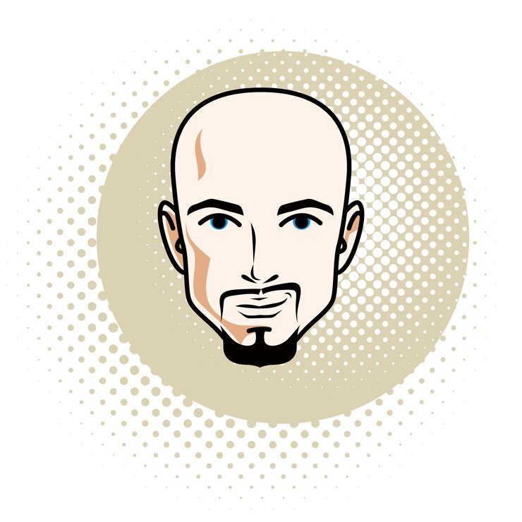 Vetor características de rosto de homem caucasiano expressando confiança, ilustração vetorial de cabeça humana. homem careca barbudo atraente com bigodes.