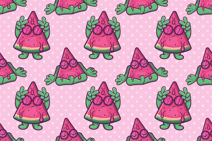 Vetor caralho fatia de melancia fruto personagem padrão sem costura ilustração fundo