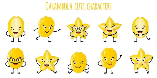 Carambola frutas fofos personagens engraçados alegres com diferentes poses e emoções. coleção de alimentos de desintoxicação antioxidante de vitamina natural. ilustração isolada dos desenhos animados.