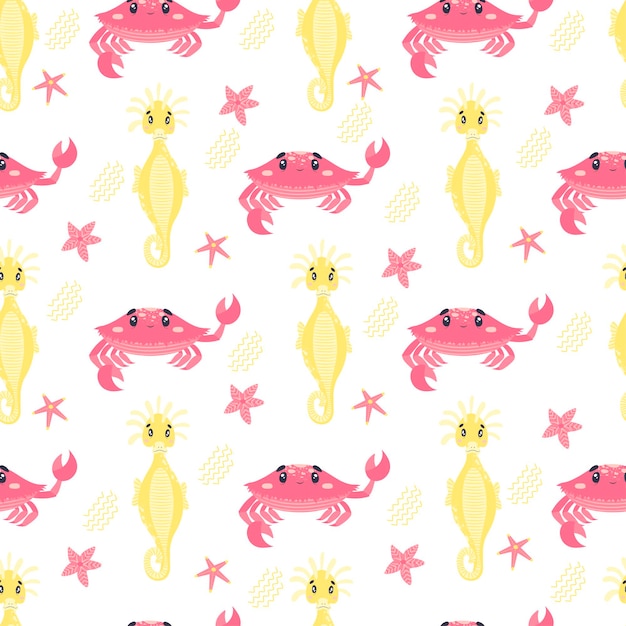 Vetor caranguejo fofo de desenho sem costura padrão acenando olá, cavalo-marinho amarelo, estrelas do mar rosa, linhas de ondas
