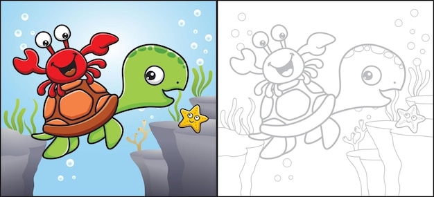 Caranguejo nas costas da tartaruga com uma estrela do mar engraçada. livro ou página para colorir