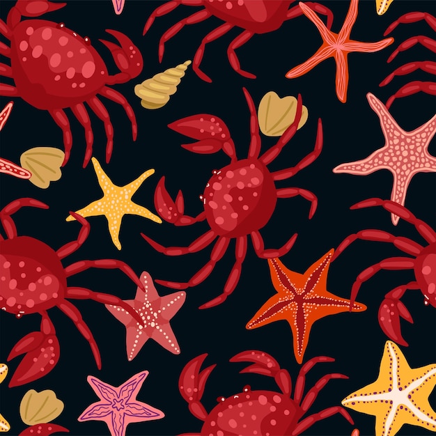 Caranguejos bonitos, conchas, estrelas do mar. padrão sem emenda do vetor abstrato. ornamento de desenho animado colorido com animais marinhos. design para impressão, tecido, matéria têxtil, plano de fundo, papel de parede, envoltório, decoração.