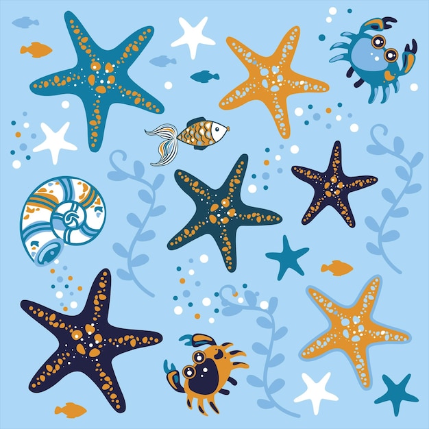 Vetor caranguejos de estrelas do mar e ilustração vetorial de conchas