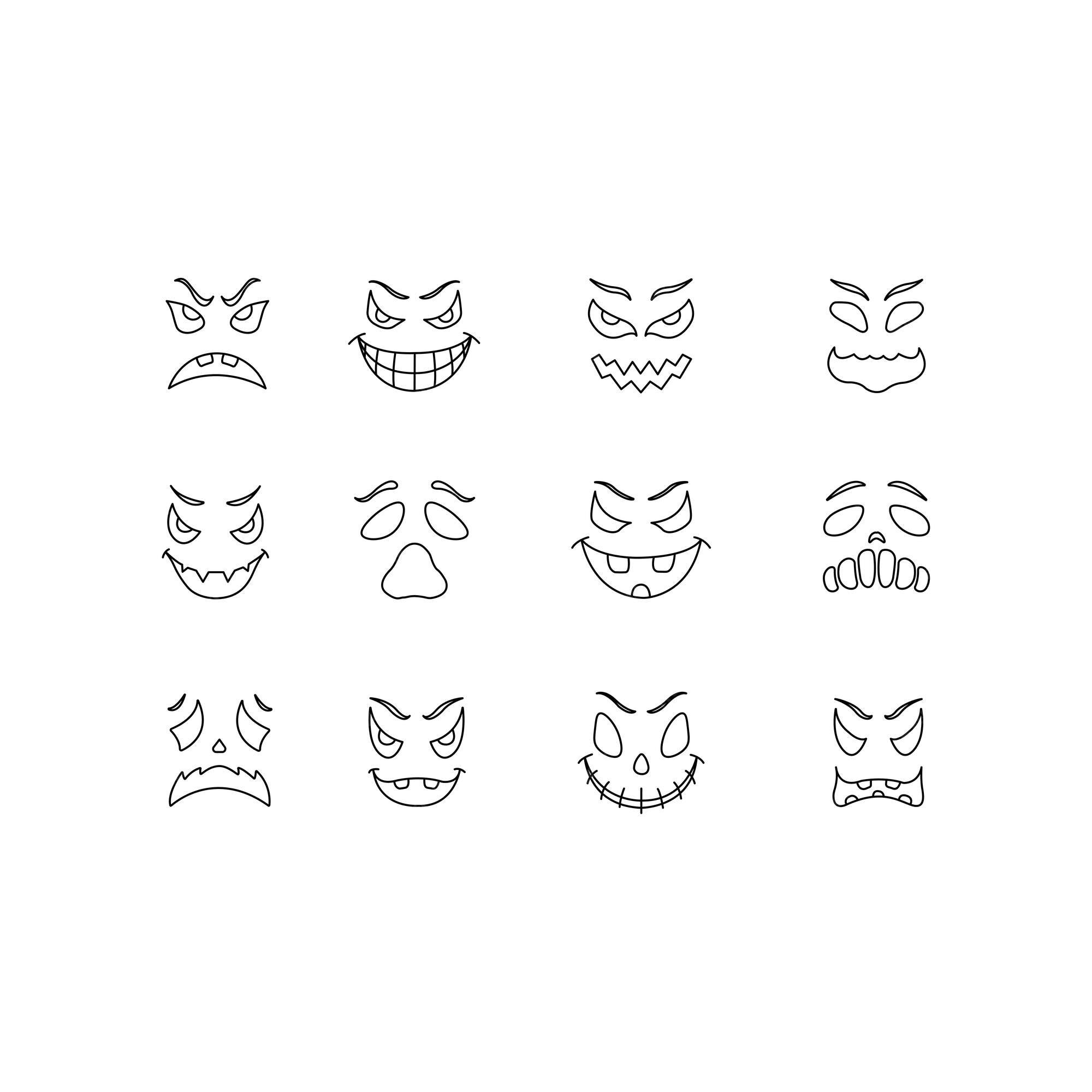 Caras Assustadoras E Engraçadas Para A Abóbora De Halloween Ou Conjunto De  Fantasmas. Jack-o-lantern Expressões Faciais. Horror Assustador Simples  Coleção De Rostos De Abóboras. Ilustração Vetorial Isolada. Royalty Free  SVG, Cliparts, Vetores