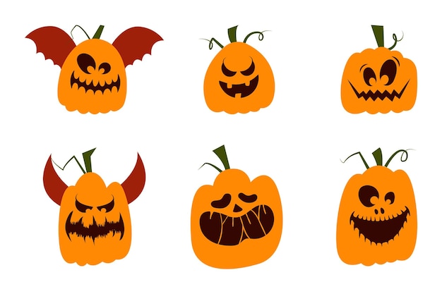 Caras assustadoras e engraçadas de abóboras ou fantasmas de halloween. elementos e objetos de halloween para design pro