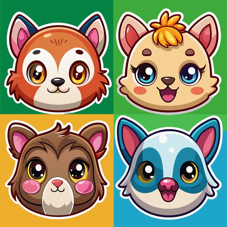 Vetor caras de animais de desenho animado bonitos com olhos grandes sorrindo