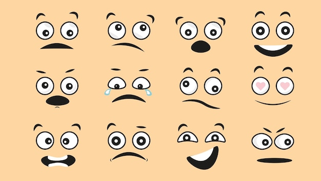 Caras de desenho animado olhos expressivos e boca sorrindo chorando e surpresas expressões de rosto de personagem