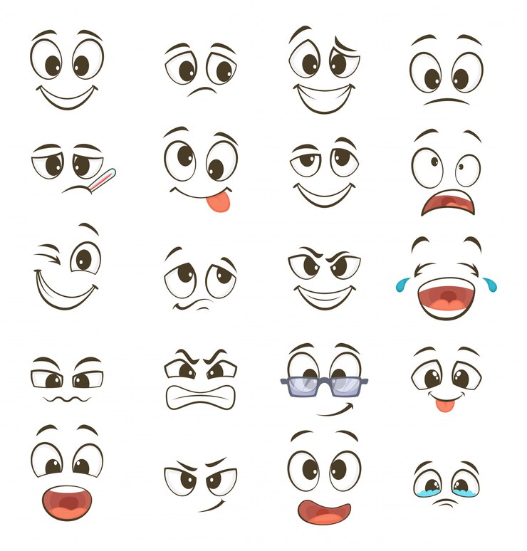 Vetor caras felizes dos desenhos animados com diferentes expressões. ilustrações vetoriais
