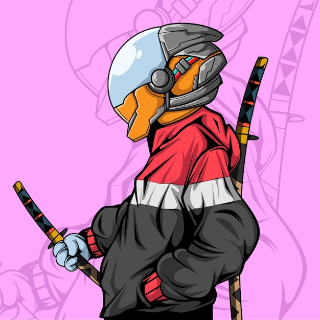 Caráter cyberpunk com duas espadas