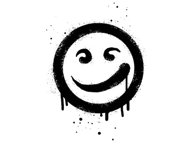 Vetor caráter de emoticon de rosto sorridente graffiti pintado em spray rosto sorridente em preto sobre branco isolado em ilustração vetorial de fundo branco