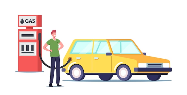 Caráter enchendo o carro no posto de gasolina, derramando combustível no veículo. Petroleum Refueling Automobile, Transport Gasoline Service for Drivers. Fórmula do anel de benzeno, ilustração vetorial de desenho animado