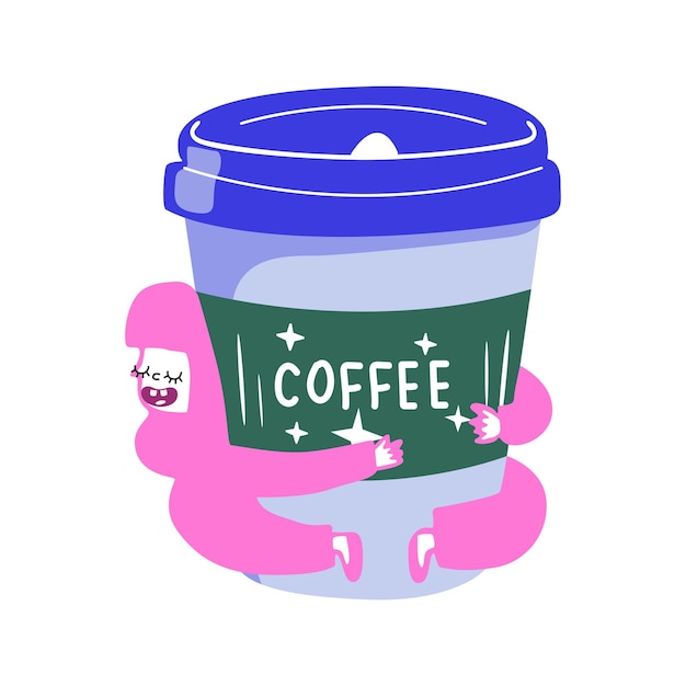 Caráter engraçado e bonito desenhado à mão de uma xícara de café Retró adesivo de personagem de chá de café
