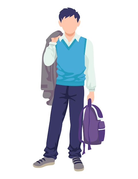 Vetor caráter estudantil moderno menino de pé vestindo uniforme escolar homem segurar bolsa de escola casaco desenho animado