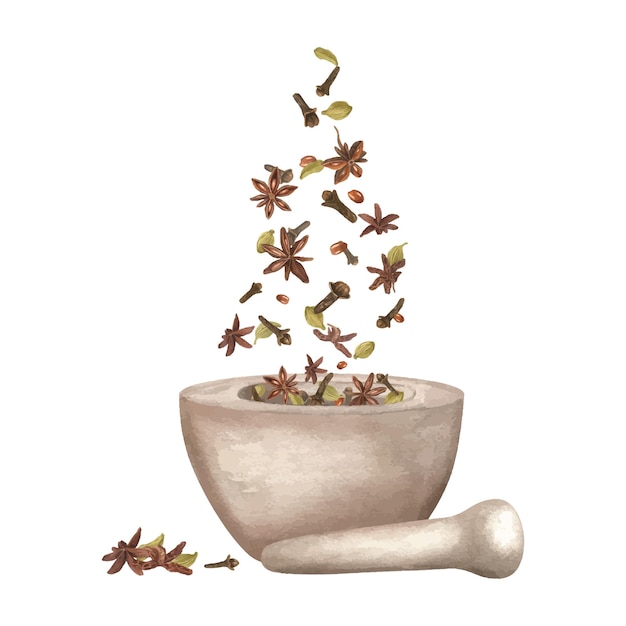 Cardamomo estrela anis dente de alho caindo em uma tigela de granito ilustração de aquarela especiarias de inverno voadoras prontas para moer com pilha e argamassa ingredientes de aroma para bebidas de Natal e padaria alimentos orgânicos
