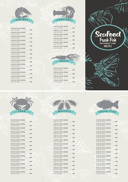 cardápio com tabela de preços para frutos do mar